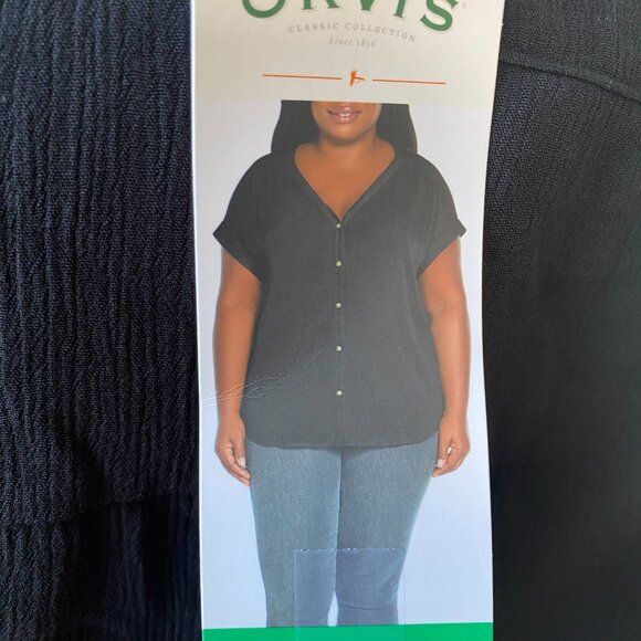 Orvis Women's V-neck Short Sleeve Button Front Blouse Shirt Black Size XL - Picture 1 of 6